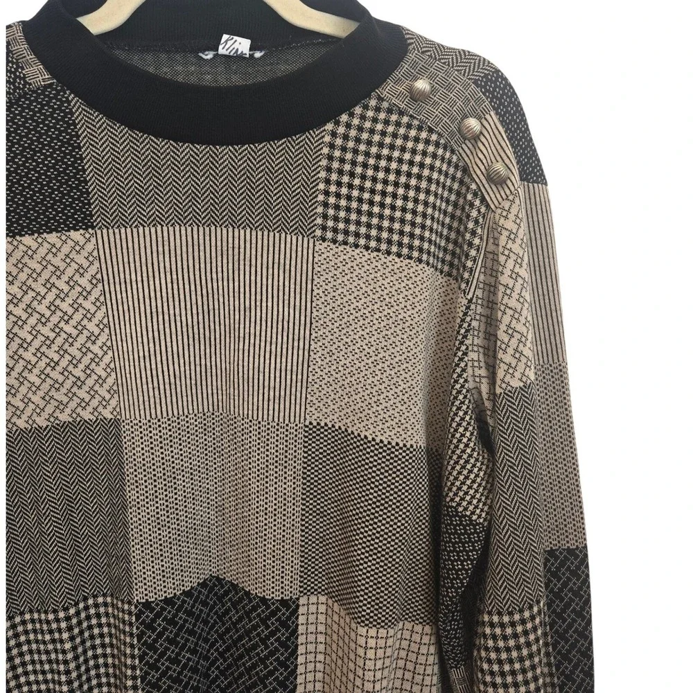 Vintage Women's Patchwork Sweater Black Tan Electic Grandpa Academia Cozy M/L - Picture 3 of 4